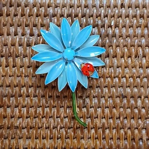 Vintage Original by Robert Enamal Light Blue Flower Red Ladybug Brooch Pin - Picture 1 of 12