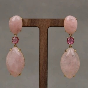 Large Marquise Brilliant Cut Pink Rose Quartz Long Drop Earrings For Women - Picture 1 of 6