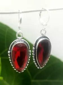 Faceted Deep Red Pyrope Garnet Sterling Dangle Drop Huggie Earrings (780H) - Picture 1 of 15