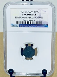 1901 Ceylon 1/4 Cent NGC UNC Details Environmental Damage #3645108-018 - Picture 1 of 2