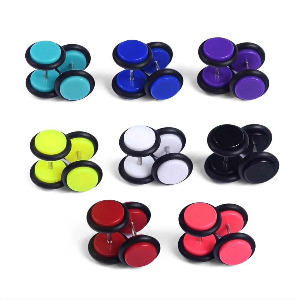 8 pares de brincos de aço inoxidável tachas plugue medidor de orelha falso acrílico parafuso prisioneiro traseiro plano - Imagem 1 de 4