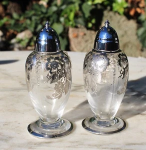 Vintage Heisey Orchid Art Deco Silver Overlay Glass Salt & Pepper Shakers - Picture 1 of 13