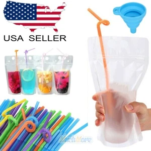 100PCS Drink Pouches Bags Stand-Up Zipper w/ Straws&Funnel for Cold & Hot Drinks - Picture 1 of 16