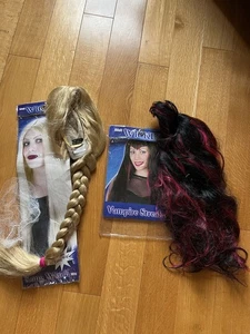Lot of 2 Extra Long Blonde in Braid or Black & Red Vampire Streak Hair Wig for - Picture 1 of 10