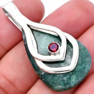 Natural Green Lace Agate & Garnet 925 Sterling Silver Pendant Jewelry P-1562 - Picture 1 of 5