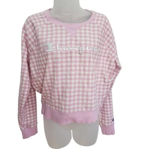 Champion Pink & White Gingham Plaid Cropped Crewneck Women's Sweatshirt Size M - Picture 1 of 12