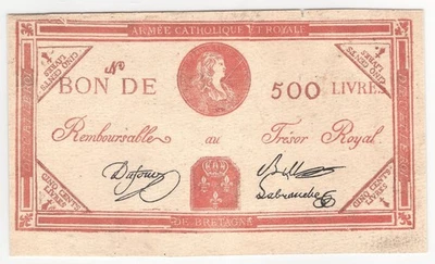 FRANCE  500  Livres  1793  P:A100  Armee  Catholique  et  Royale  VERY RARE - Image 1 of 2