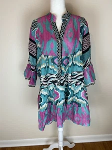 New Collection Gr. L 100% Leinen Kleid Damen Abstrakt Küste Resort Wear Reise - Bild 1 von 5