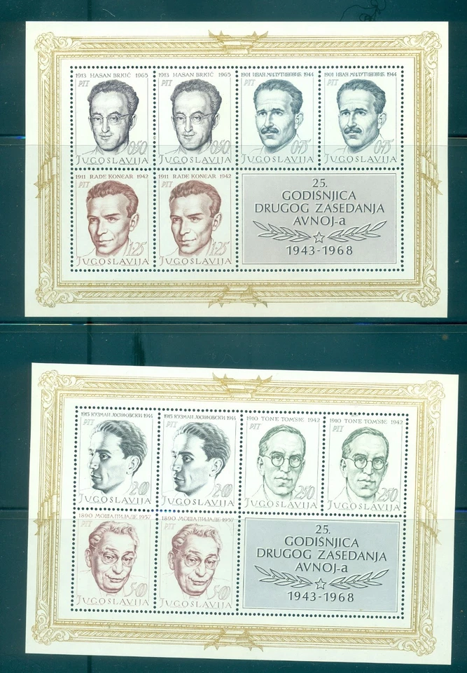 Yugoslavia - Sc# 953a, 956a. 1968 25th Ann National Rep. MNH Souv. Hojas. $30,0 Foto 1 de 1