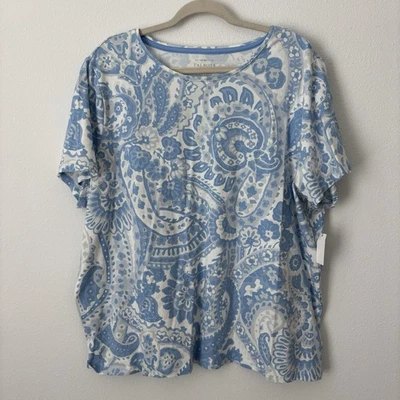 NOVA Camiseta Talbots Top Feminina 3X Azul Floral Paisley Talbots Manga Curta - Imagem 1 de 4