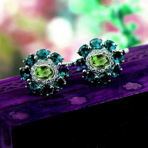 Natural London Blue topaz & Perodot Gemstones 925 Sterling Silver Cufflinks #566 - Picture 1 of 3