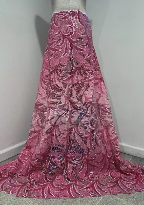 Pink Rhinestone Sequins Embroidery Lace Fabric 50” Width 1 Yard - Image 1 of 4