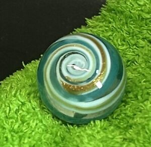 Art Glass Contemporary Handmade Marble 1.14" Blue White Gold Lutz Swirl