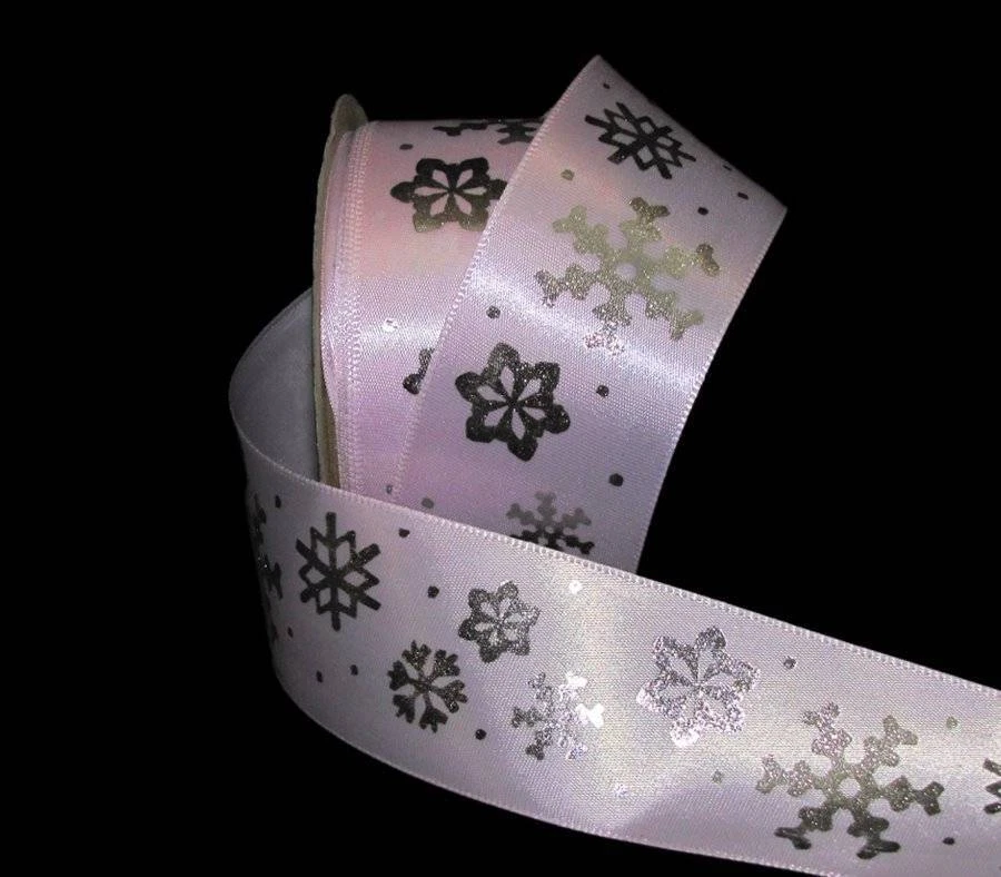 3 Yards Pink Winter Silver Printed Snowflakes Christmas Satin Ribbon 1 1/2"W - Image 1 of 1