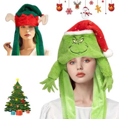 Grinch Ear Moving Jumping Hat Cute Plush Movable Ears Cap Christmas Xmas Gift UK