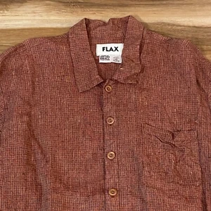 FLAX Shirt Mens Small Relaxed 100% Linen Button Up Rust Orange Long Sleeve - Picture 1 of 8