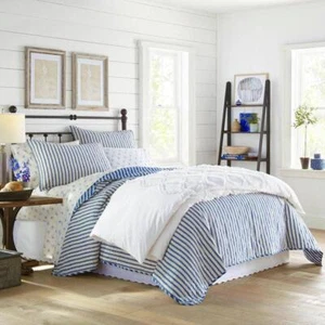 Stone Cottage Quilt Set 3-Piece Reversible Cotton Soft Full/Queen Stripe Blue - Picture 1 of 5