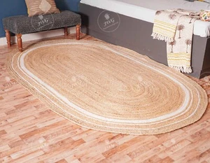 Alfombra de yute con borde beige y blanco ovalada trenzada hecha a mano alfombra lateral de cama alfombra vintage - Imagen 1 de 6