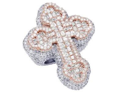 Anillo rosado de diamantes de 23 4/5 quilates con esmeralda cruz para hombre de oro blanco y rosa de 10 quilates de 2" Foto 1 de 4