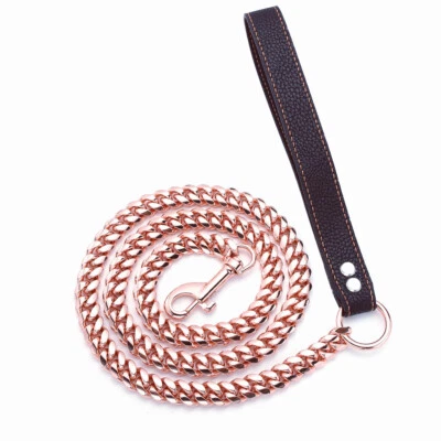 Rose Gold Dog Leash 10/14mm Cuban Link Chain Leash Stainless Steel Leash 3/4/5FT - Image 1 of 4