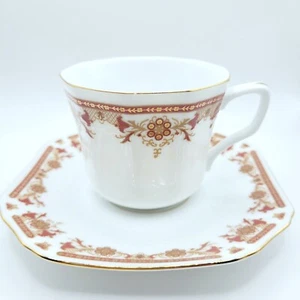 2 PC Tatung 0601 Footed Tea Cup And Saucer Set Floral Gold Red Bronze Rare - Picture 1 of 12