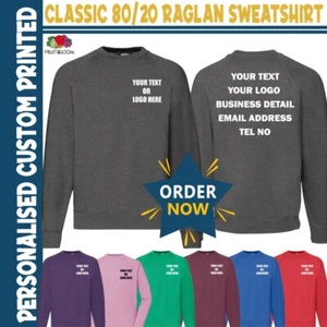 Personalised Printed Fruit of the Loom Classic 80/20 Raglan Sweatshirt Unisex - Picture 1 of 25