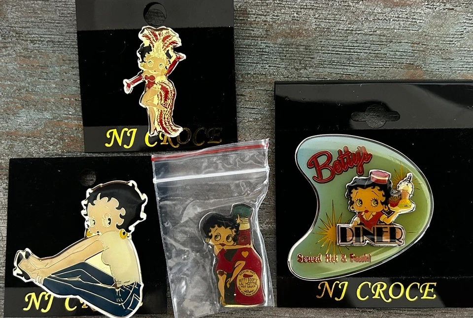 Lot of 4 Betty Boop Vintage NJ Croce Pins- Showgirl, Diner, Hot Sauce - Image 1 of 1