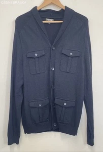 Express Modern Fit Navy Blue Extra Fine Merino Wool Pocketed Cardigan - Size L - Picture 1 of 5