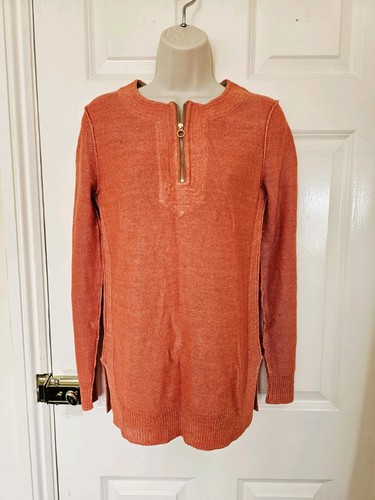 Maglione tunica traspirante Tory Burch arancione lino oro zip spiaggia boho XS