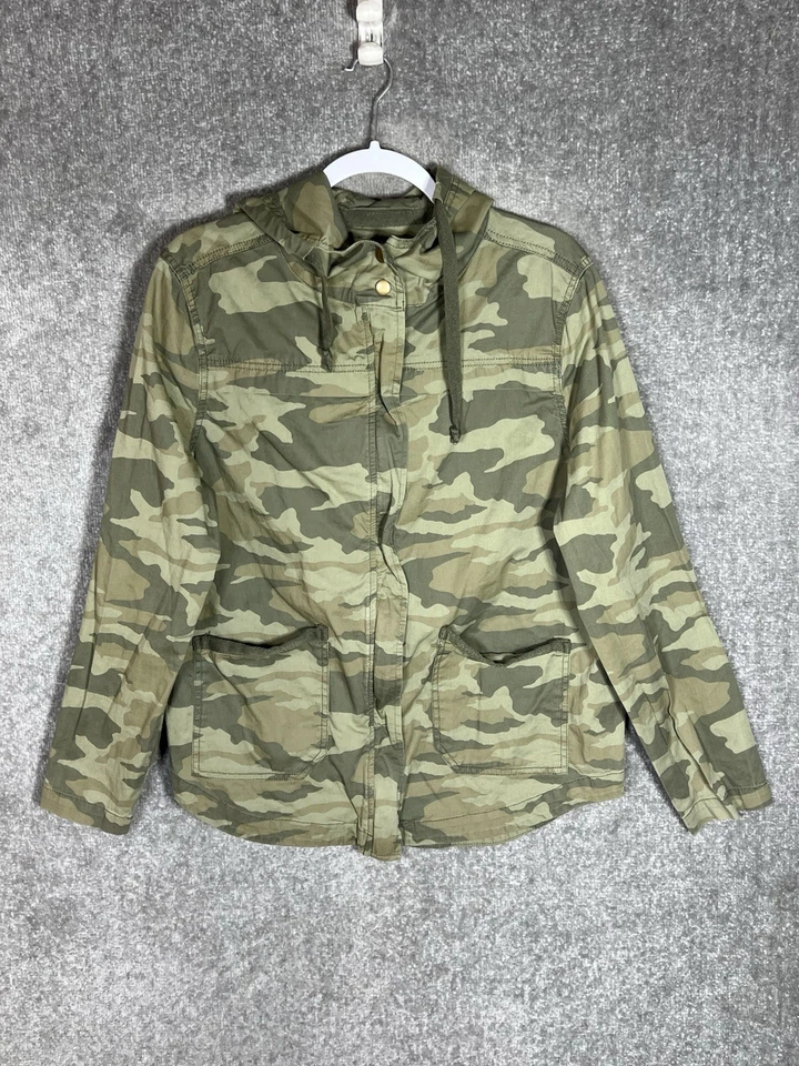 Chaqueta utilitaria SO Y2K camuflaje para mujer talla XL verde camuflaje bolsillos con capucha cremallera completa Foto 1 de 4