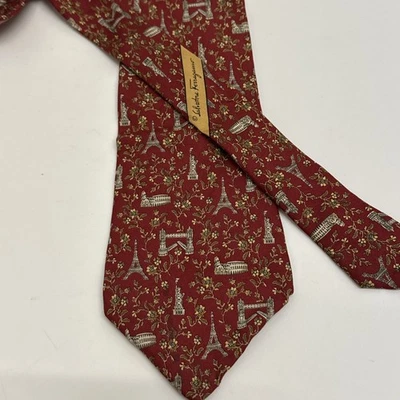 Salvatore Ferragamo Silk Tie Made in Italy Landmarks Pattern Red Vintage - Image 1 of 2