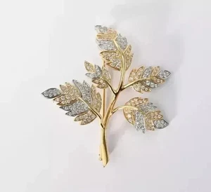 2Ct Round Cut Real Moissanite Women's Leaf Brooch Pin 14k Yellow Gold Plated - Picture 1 of 9