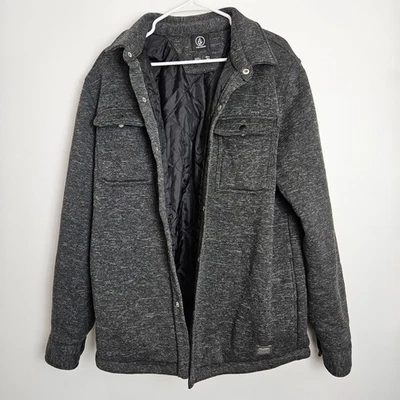 Volcom Flannel Jacket Mens Sz M Gray Black Quilt Lined Snap Button Chest Pockets - Image 1 of 4