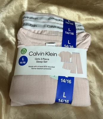 3-Piece Genuine CALVIN KLEIN Sleep Set Crystal-Pink size LARGE 14-16 Pajamas - Image 1 of 4