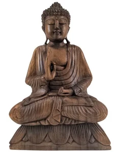 Sculpture Bouddha assis sur lotus en bois 40cm. - Imagen 1 de 8