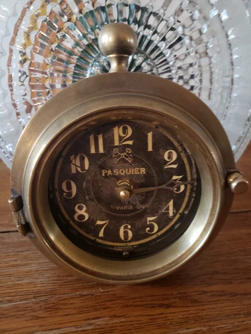 Vintage Brass Clock Pasquier heavy Brass Needs glass Battery operated *parts?* Cover