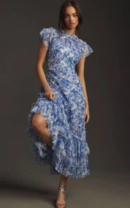 Anthropologie Mac Duggal Short-Sleeve High-Neck Ruffle Dress Sz 18 Blue Floral - Picture 1 of 5