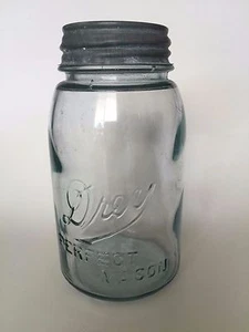 Drey 1910 Light Aqua Perfect Einmachglas Quart mit Porzellan Zink Kugel Deckel #1 - Bild 1 von 2