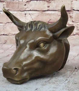 COW BULL HEAD WALL BUST MOUNT STATUE ~ ANTIQUE STYLE GENUINE PURE BRONZE ARTWORK - Picture 1 of 10