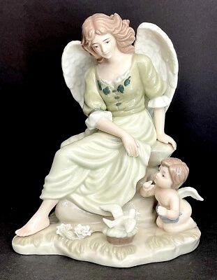 Glazed Porcelain Angel w/Cherub Baby Figurine Pastel Green 8"x 6" - Image 1 of 4