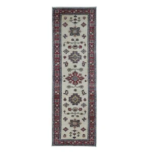 2'9"x8'7" Bone White Afghan Super Kazak Hand Knotted Pure Wool Runner Rug R87493 - Picture 1 of 9