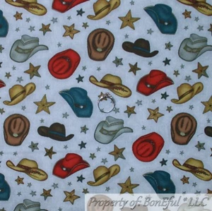 BonEful Fabric FQ Cotton Quilt White Brown Red Cowboy Western Boy Girl HAT Horse - Picture 1 of 12