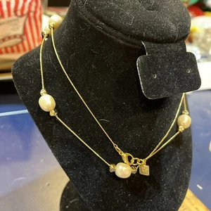 Anne Klein Necklace - Gold Tone Chain With Large Pearls & Gold Beads - 32” - Picture 1 of 7