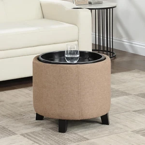 Round Modern Upholstered Foot Stool Small Tray Table, Storage Ottoman Tan Fabric - Picture 1 of 12
