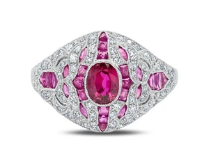 Ruby Diamond Ring Platinum Cocktail Art Deco Vintage Antique Style Handmade - Picture 1 of 6