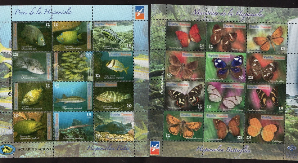 DOMINICAN REPUBLIC - BUTTERFLIES - FISH, 24 STAMPS ON SHEET, MNH, VF - Image 1 of 1