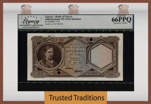 TT PK 172s 1944 GREECE 1000 DRACHMAI SPECIMEN LCG 66 PPQ GEM NEW ONLY ONE FINER - Picture 1 of 2