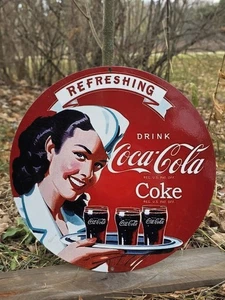 VINTAGE REFRESHING DRINK COCA-COLA PORCELAIN SIGN BEVERAGE SODA COKE  12"  - Picture 1 of 4