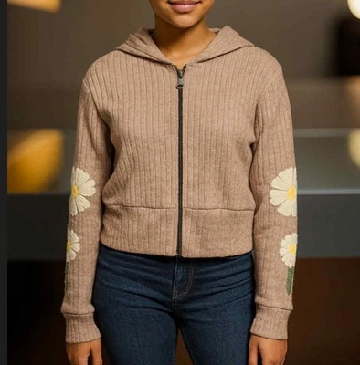 Sudadera corta de autoestima con capucha cremallera completa Junior XL topo floral bordado Foto 1 de 4