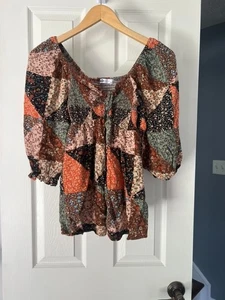 SO Patchwork Peasant Blouse M Boho Floral Smocked Waist Fall Festival Top - Picture 1 of 7